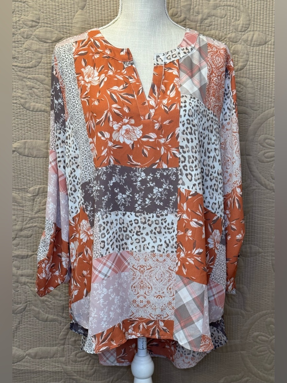 WOMEN'S ORANGE PATCHWORK BLOUSE - Floral & Animal Print